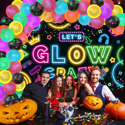Neon Glow Party Decorations Glow in the Dark Party Supplies 60Pcs UV Blacklight Luminous Neon Balloons Arch Kit and Let's Glow Crazy Decorations Backdrop for Birthday Sleppover Decor