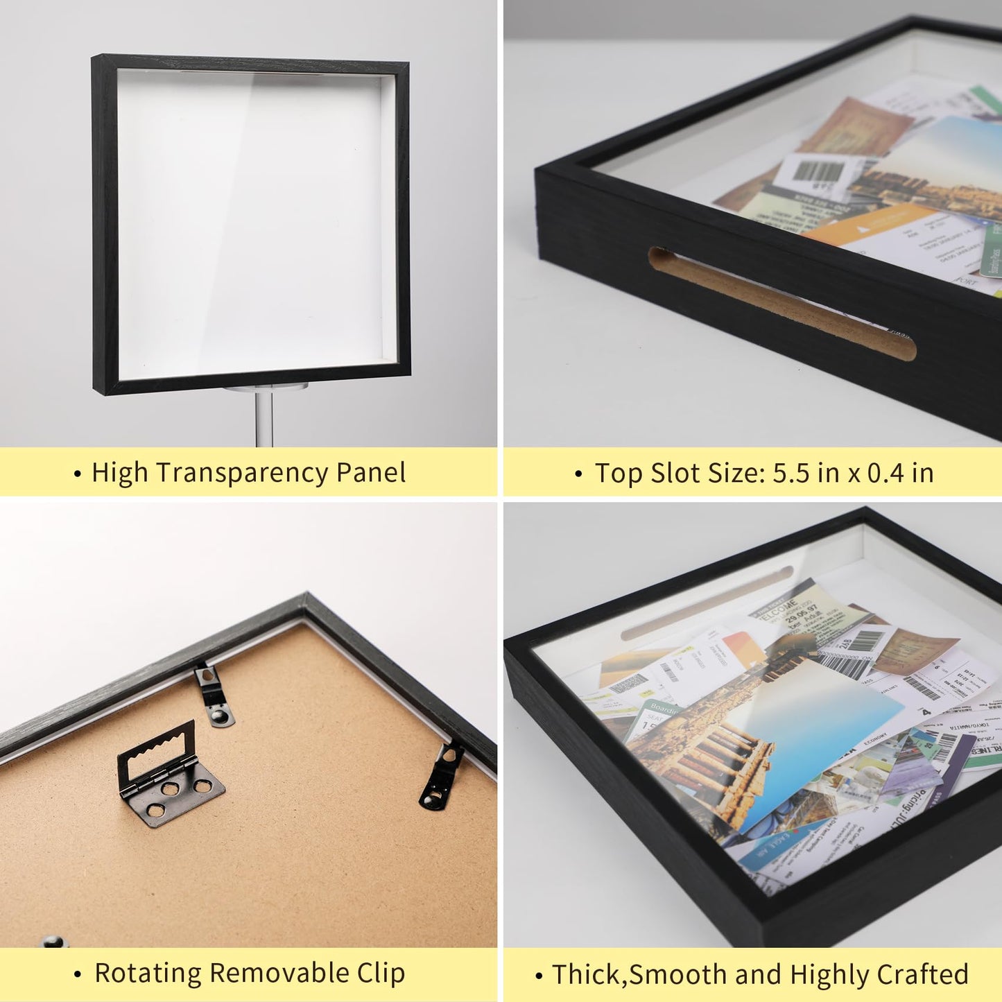 Travel Adventure Challenge Archive Shadow Box Picture Frame with Slot,8x8In Travel Ticket Card Memory Box for Keepsake Box, Top Loading Shadow Box Display Case Travel Decor Gift (Black,8x8)