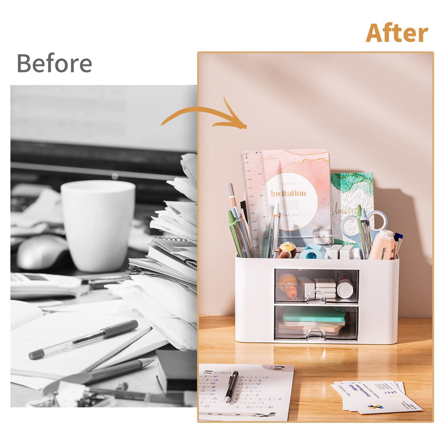 Pen Organizer with 2 Drawer, Multi-Functional Pencil Holder for Desk, Desk Organizers and Accessories with 5 Compartments + Drawer for Office Art Supplies (White)