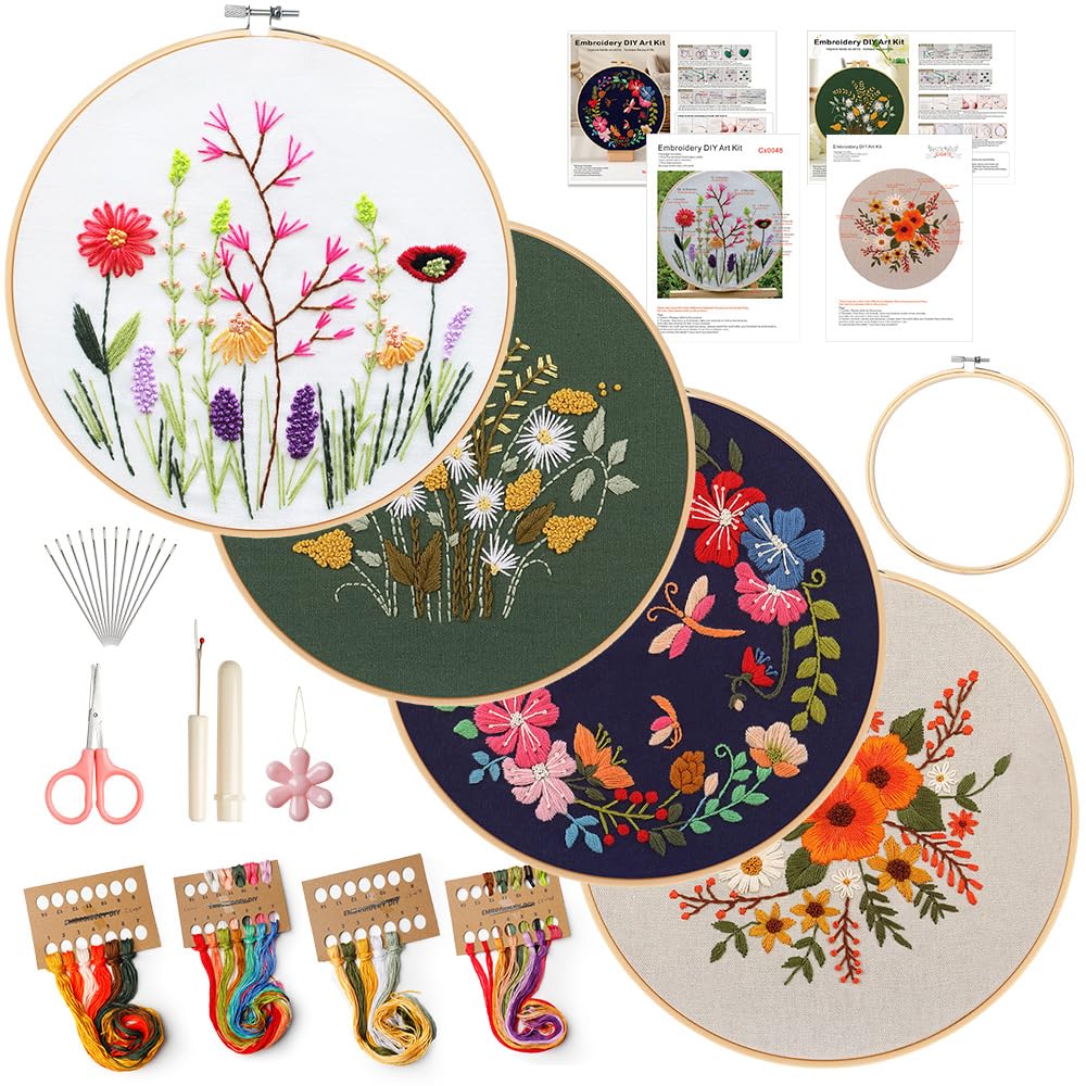 4 Pack Embroidery Kit for Beginners,Adults DIY Starter Kit,Cross Stitching Kits with Flower Stamped Patterns,Hoop,Tools,Colorful Threads with Needles,Step by Step Instructions,Hand Craft Lover Gift