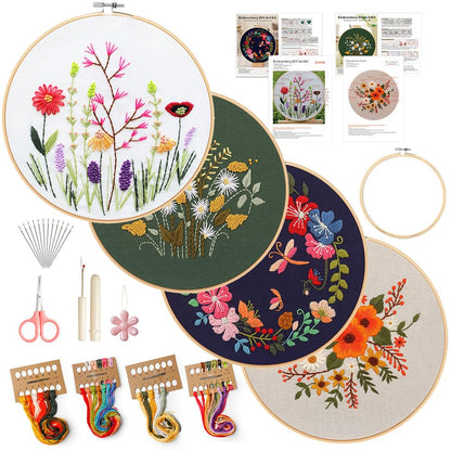 4 Pack Embroidery Kit for Beginners,Adults DIY Starter Kit,Cross Stitching Kits with Flower Stamped Patterns,Hoop,Tools,Colorful Threads with Needles,Step by Step Instructions,Hand Craft Lover Gift