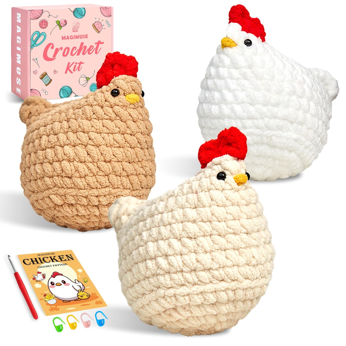 Crochet Kit for Beginners, Crochet Starter Kits for Adults Amigurumi Craft Knitting Crochet Animals Kits with Step-by-Step Video Tutorials, 3 Pcs Chicken (40%+ Yarn)