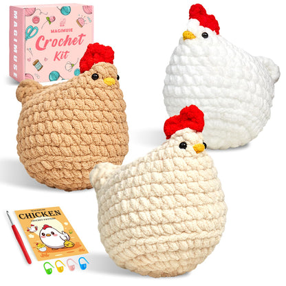 Crochet Kit for Beginners, Crochet Starter Kits for Adults Amigurumi Craft Knitting Crochet Animals Kits with Step-by-Step Video Tutorials, 3 Pcs Chicken (40%+ Yarn)