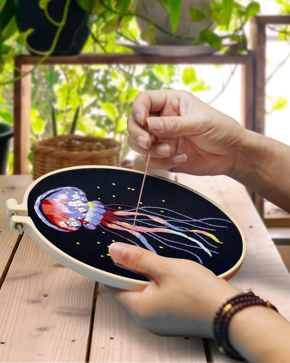 Embroidery Kit for Adults, 5 Sets Jellyfish Embroidery Kit for Beginners Include Embroidery Cloth Hoops Threads for Craft Lover Hand Stitch with Embroidery Skill Techniques