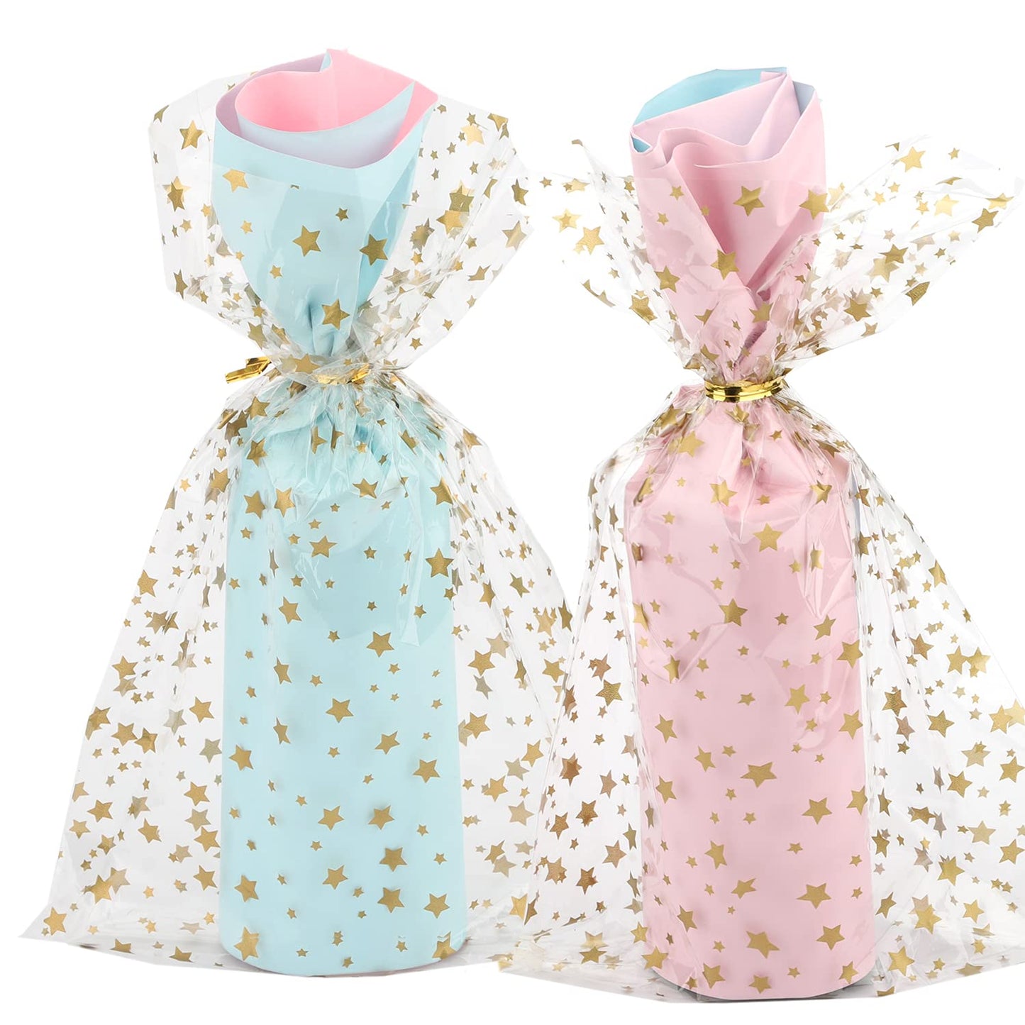 100 Pcs Star Printed 5"X 7" Gift Wrap Cello Cellophane Treat Bags Party Favor bags Clear Candy Cookie Bags Plastic Poly Goodie Storage Bags with Twist Ties for Bakery,Birthday, Wedding ,Party Decorations (Gold)
