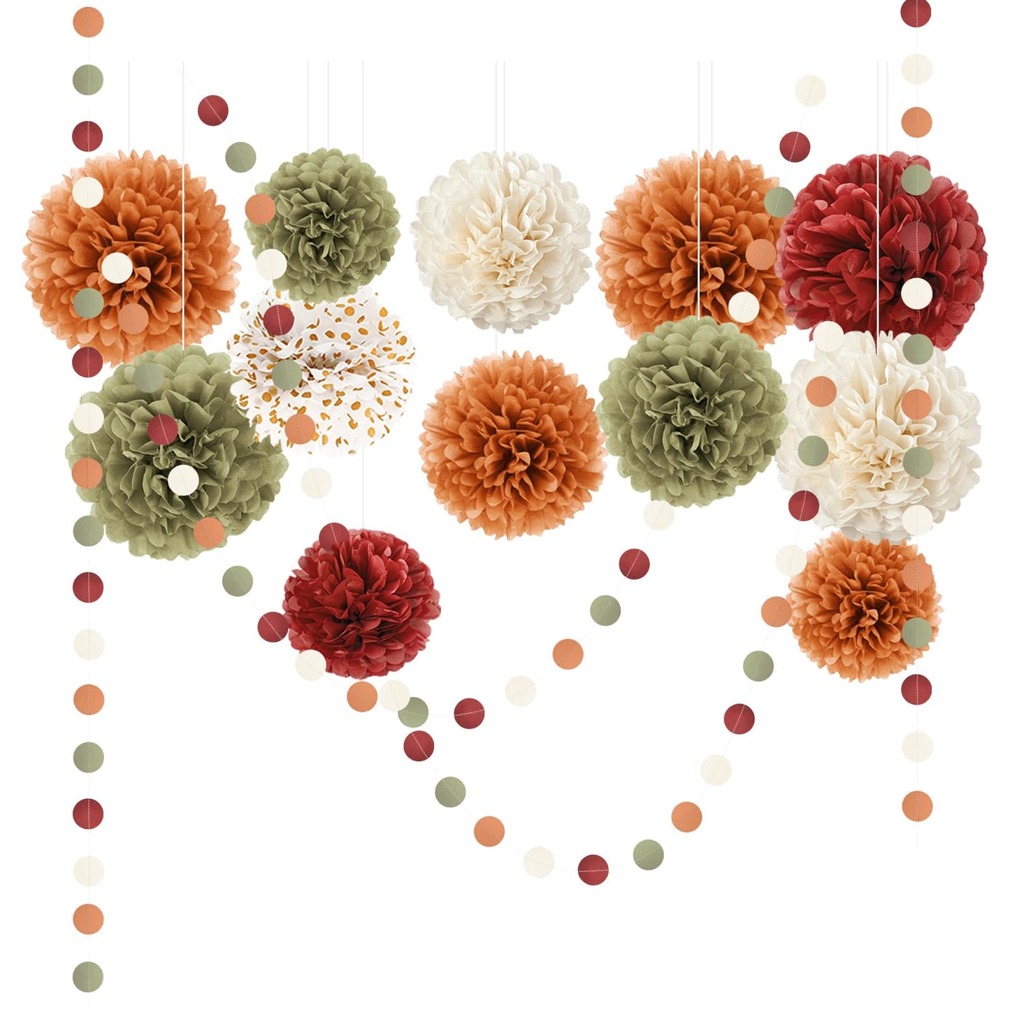 Fall Wedding Decorations - 15 PCS Pumpkin Orange Sage Green Ivory Tissue Pom Poms Decor, Dots Paper Garland for Thanksgiving, Baby Shower, Autumn Harvest Party Supplies