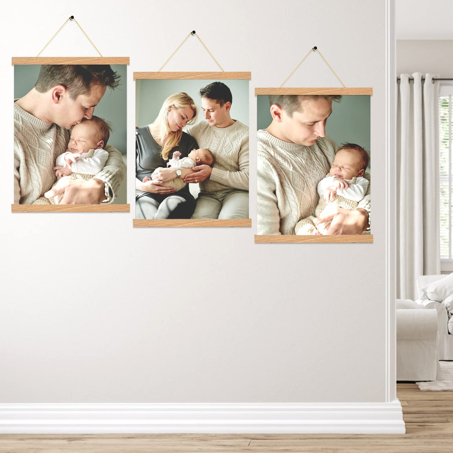 Magnetic Poster Hanger Frame In Pine Color 3 pack, 16x24 16x20 16x16 Wooden Hanging Kit for Walls Map Canvas Artwork, 16 inchx3pcs