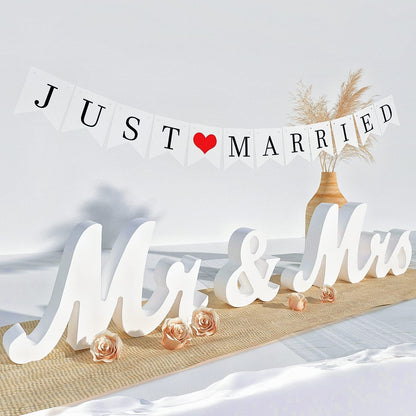 Mr and Mrs Sign for Wedding Table,Large White Mr and Mrs Sign,Wooden Letters,Mr & Miss Sign with Just Married Banner Wedding Decorations for Anniversary