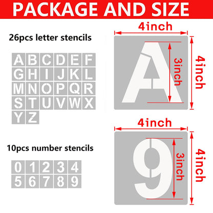 4 Inch Letter Stencils and Numbers, 36 Pcs Alphabet Art Craft Stencil, Reusable Plastic Templates for Wood, Wall, Fabric, Rock, Signage (4 Inch)