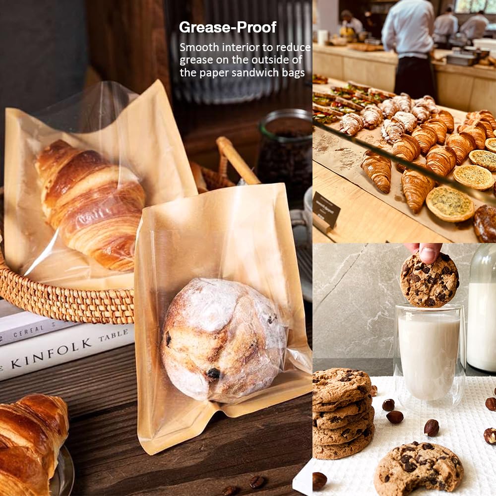 100 Pcs Bakery Bags with Window, 7.1 x 7.5 Inches Paper Sandwich & Donut Bags for Treat, Snack & Cookie Packaging (Brown)