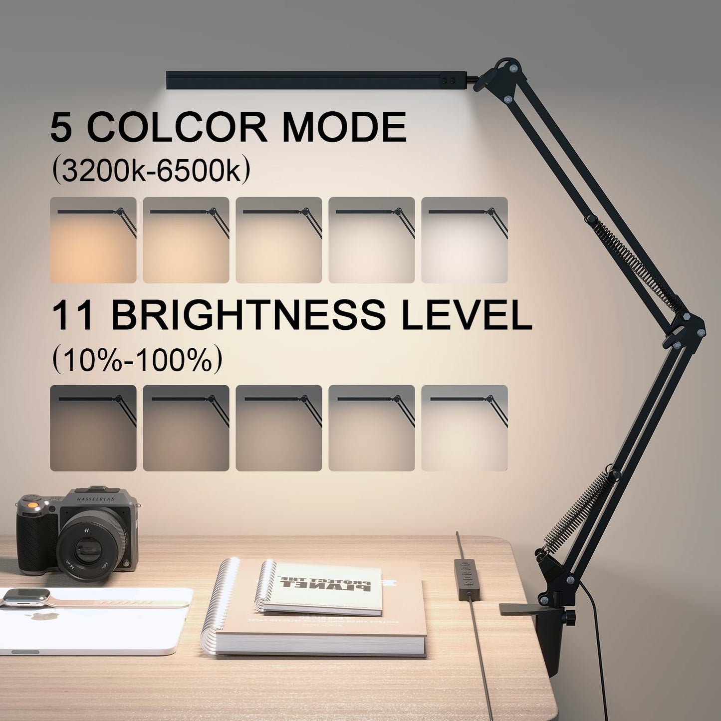 LED Desk Lamp for Home Office, Clamp-On with 5 Light Modes & Auto Shut Off | 14W Adjustable Brightness 5000K Eye-Caring Lighting for Study/Bedroom/Computer Desk