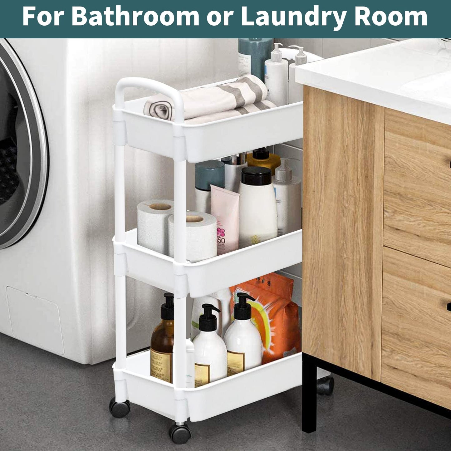 3 Tier Rolling Cart, Plastic Diaper Cart Organizer with Wheels, Roller Cart for Diapers, Baby Nursery, Kitchen, Bathroom, Living Room and Bedside, White