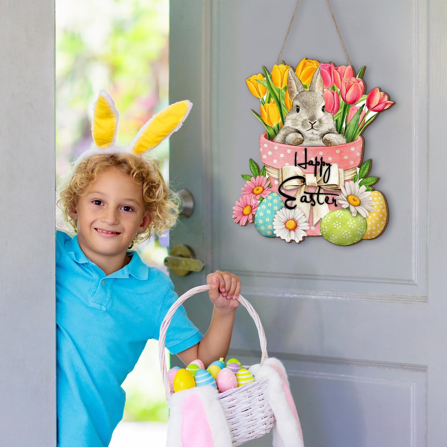 Happy Easter Hanging Sign for Front Door Wooden Easter Decoration for Home Indoor Outdoor Wall(Cute Rabbit)