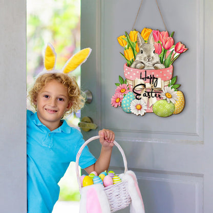 Happy Easter Hanging Sign for Front Door Wooden Easter Decoration for Home Indoor Outdoor Wall(Cute Rabbit)