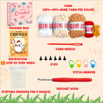 Crochet Kit for Beginners, Crochet Starter Kits for Adults Amigurumi Craft Knitting Crochet Animals Kits with Step-by-Step Video Tutorials, 3 Pcs Chicken (40%+ Yarn)