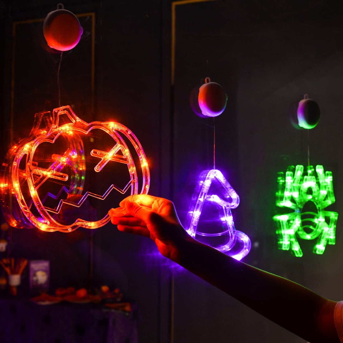 Halloween Decorations 3 Pack - Orange Pumpkin, Green Spider, Purple Witch Hat Window Lights With Suction Cup - Battery Operated, Upgrade Slow Fade Mode, Timer Function