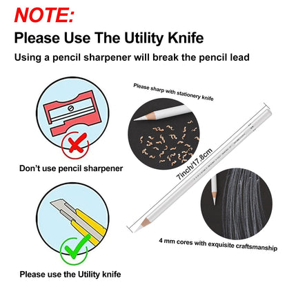 Professional White Charcoal Pencils Set - 6 Pieces Sketch Highlight White Pencils for Drawing, Sketching, Shading, Blending - Beginners & Artists
