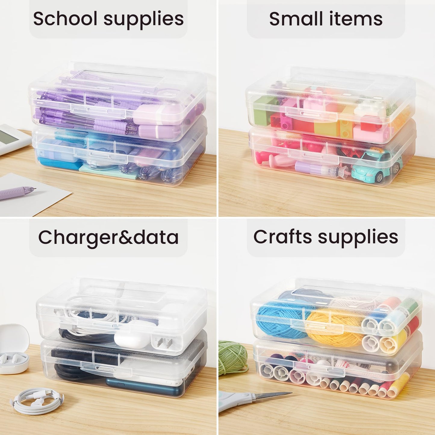 Plastic Pencil Case Box 6 Pack, Large Crayon Maker Pen Organizer, Plastic Containers with Snap Lids, Stackable Craft Storage Boxes Bulk, School Supplies Art Box for Bead, Clear