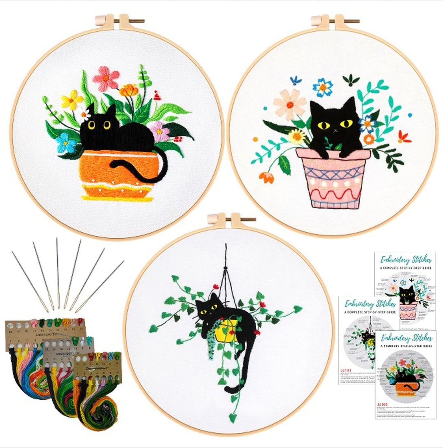 3 Sets Cute Cat Embroidery Kit for Adults Beginners, Stamped Cross Stitch Starter Kits Include Needlepoint Cloth Hoops Needles Threads and Instruction