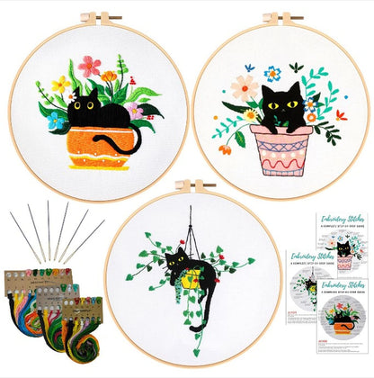 3 Sets Cute Cat Embroidery Kit for Adults Beginners, Stamped Cross Stitch Starter Kits Include Needlepoint Cloth Hoops Needles Threads and Instruction