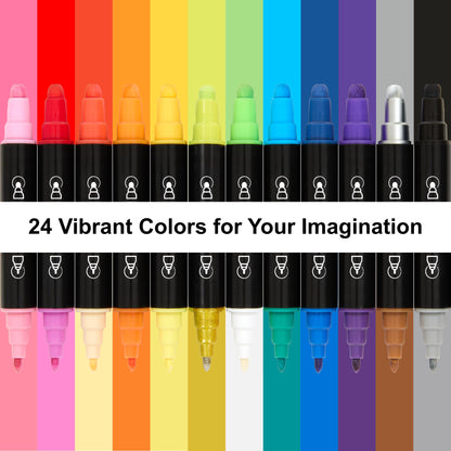 24 Colors Acrylic Paint Markers, Dual Tip Premium Acrylic Paint Pens for Stone, Wood, Calligraphy, Canvas, Ceramic, Metal, Glass, Rock Painting, DIY Crafts
