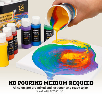 Metallic Acrylic Pouring Paint Set - Set of 18 Metallic Colors - Pre-Mixed High Flow & Ready to Pour - 2 oz./ 59 ml Bottles - Multi-purpose Paints for Canvas & Paper, Rocks, Wood and More