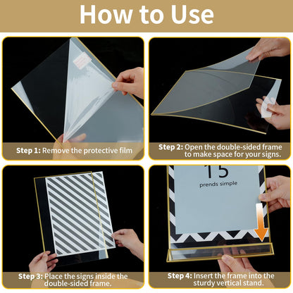 Gold Acrylic Sign Holder 4X6 inch, 6 Pack Wedding Table Number Frames Vertical , Double Sided Display Gold Picture Frame, Clear Menu Holders for Wedding Reception, Party Decoration