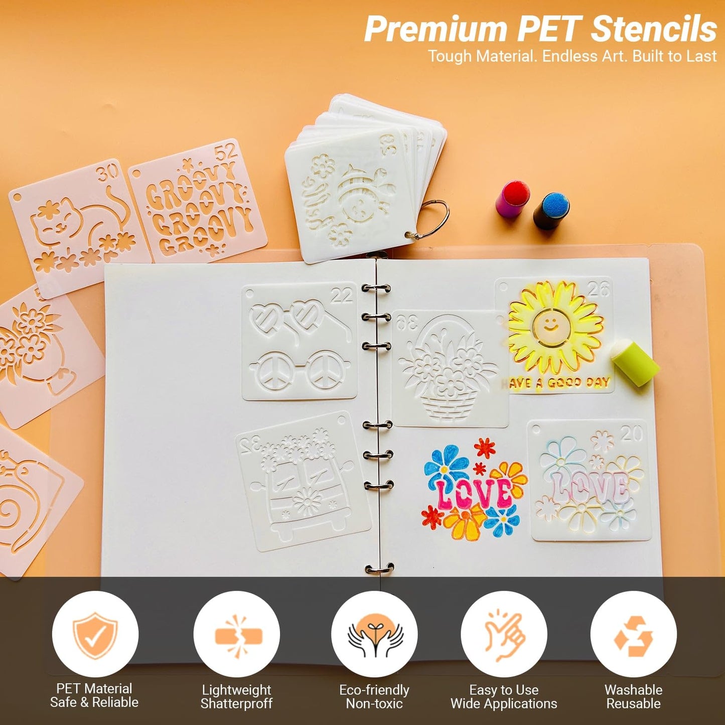 Stencils for Painting, Hippie Style Stencils for Crafts Reusable, 3 Inch Plastic Stencils for Painting on Wood Wall Canvas Fabric, Small Stencils for DIY Project & Home Decor