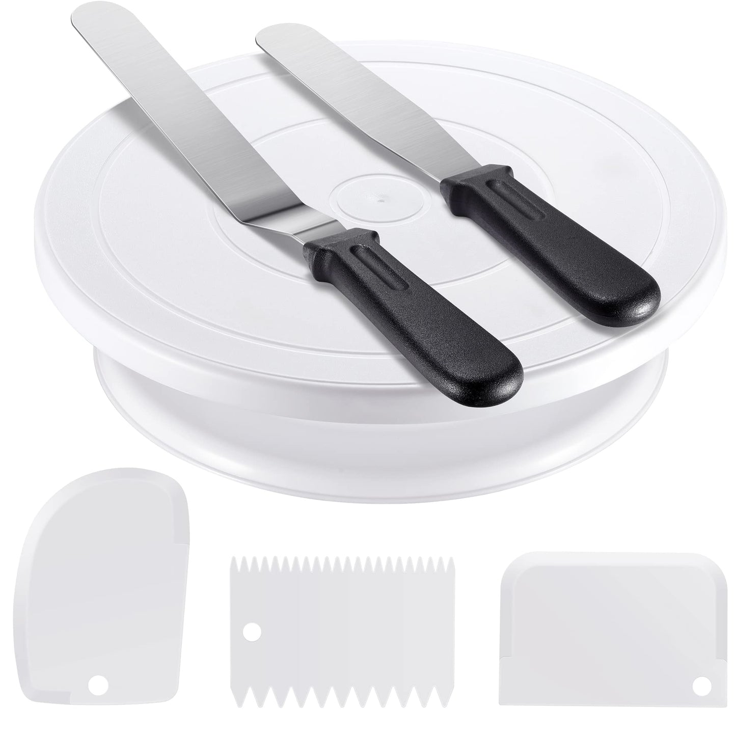 Cake Decorating Kit Baking Supplies Cake Turntable with 2 Frosting Straight Angled Spatula 3 Icing Smoother Scrapers Baking Accessories Tools for Beginners and Pros, White