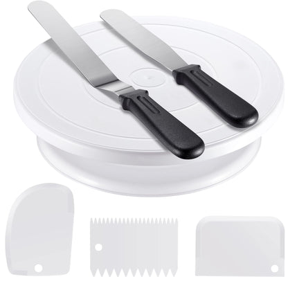 Cake Decorating Kit Baking Supplies Cake Turntable with 2 Frosting Straight Angled Spatula 3 Icing Smoother Scrapers Baking Accessories Tools for Beginners and Pros, White