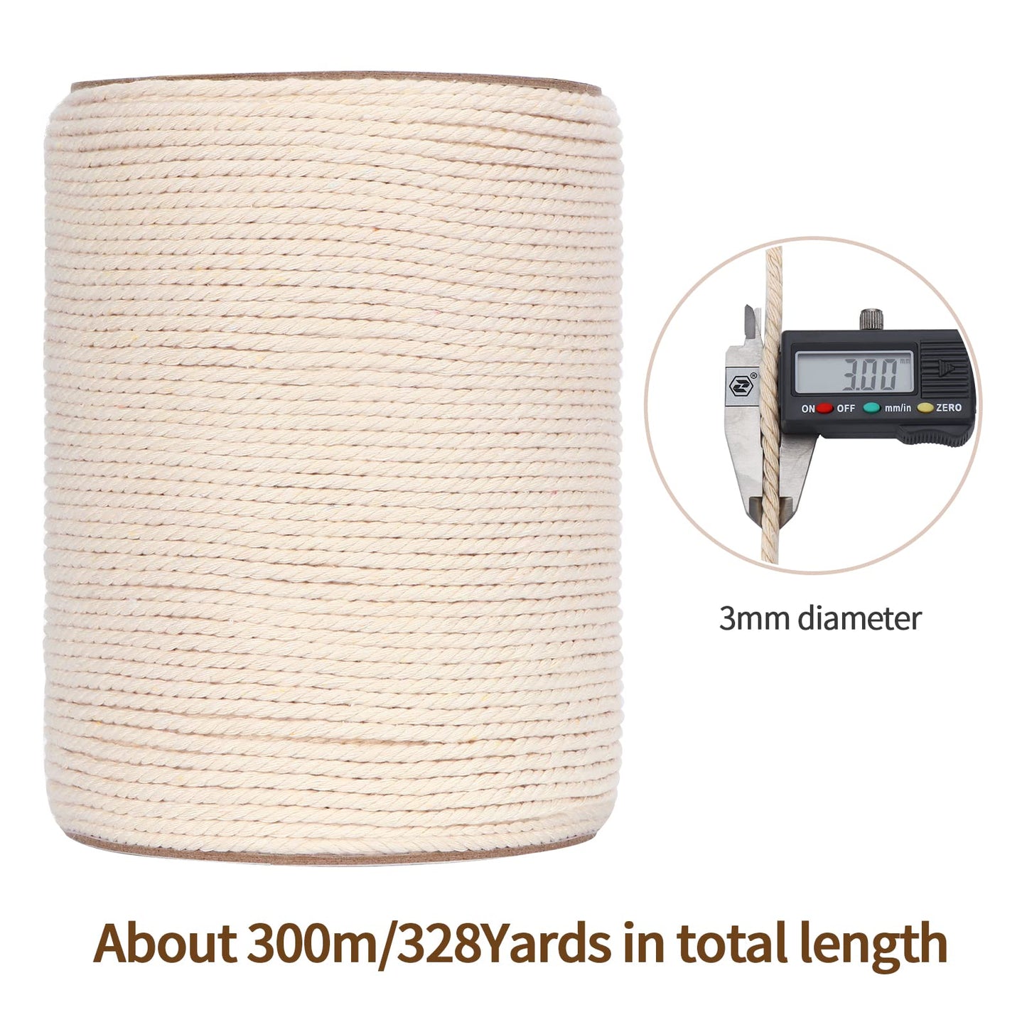 Macrame Cord 3mm x 328Yards(984Feet), Natural Cotton Macrame Rope - 3 Strands Twisted Macrame Cotton Cord for Wall Hanging, Plant Hangers, Crafts, Gift Wrapping and Wedding Decorations
