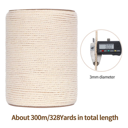 Macrame Cord 3mm x 328Yards(984Feet), Natural Cotton Macrame Rope - 3 Strands Twisted Macrame Cotton Cord for Wall Hanging, Plant Hangers, Crafts, Gift Wrapping and Wedding Decorations