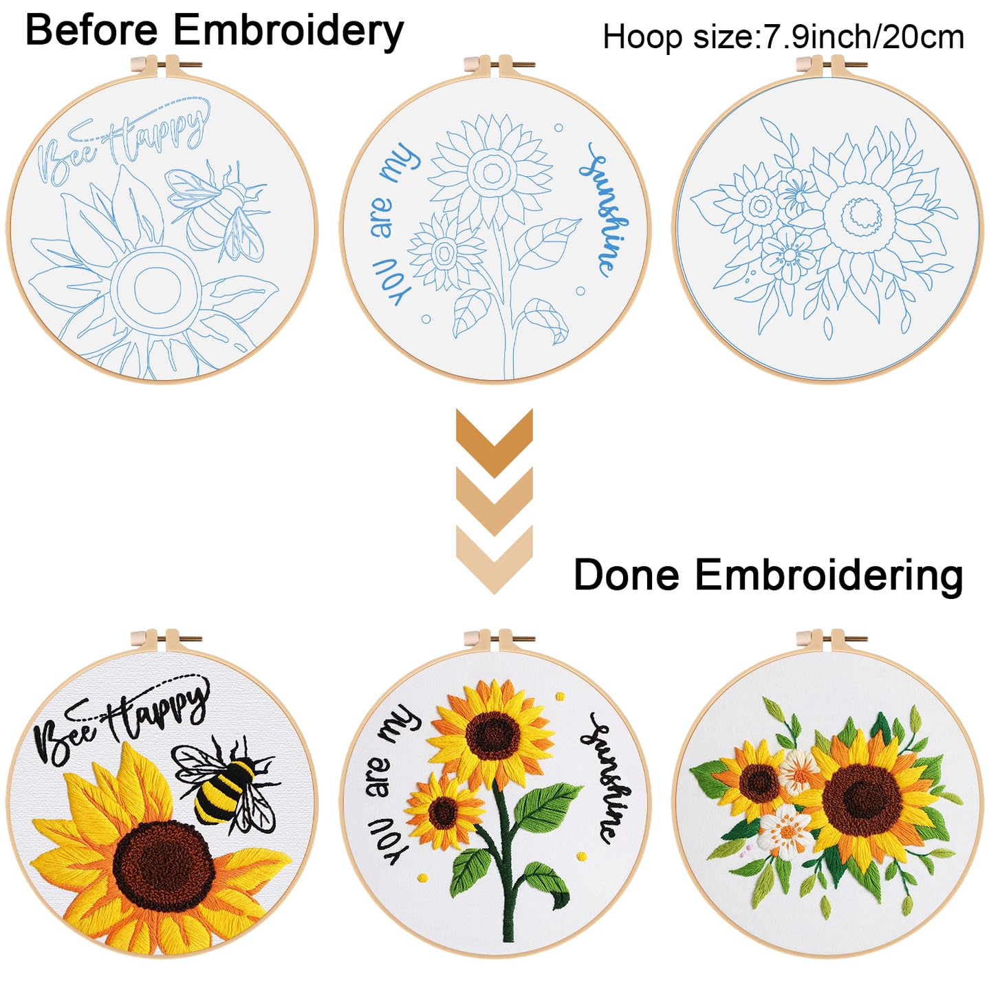 3 Sets Sunflowers Embroidery Kit for Beginners,Cross Stitch Kits for Adults with Summer Flowers Bee Stamped Pattern,Starters Needlepoint with Embroidery Instruction
