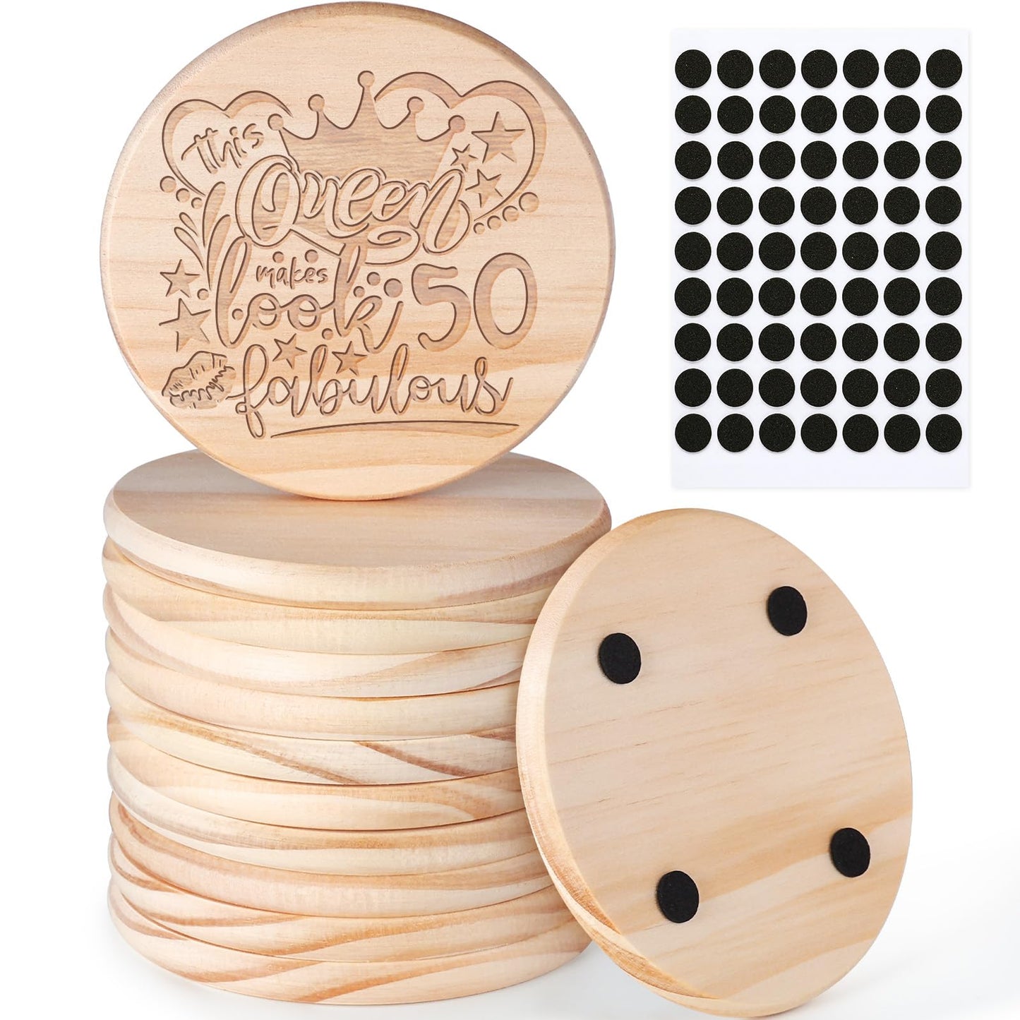12 Pieces Unfinished Wood Coasters, GOH DODD 4 Inch Wooden Slices Blanks Bulk Set with Foot Pads for Drinks Crafts Laser Engraving Wood Burning Staining Painting Decoupage Wedding Halloween, Round