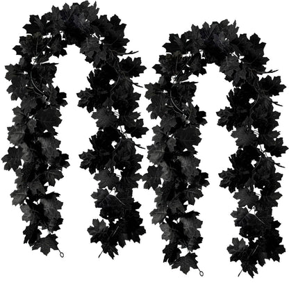 Black Maple Leaf Garland, 2PCS Halloween Artificial Hanging Fall Leave Vines, Fall Floral Garlands Thanksgiving Decor for Home Wedding Party (11.8FT)