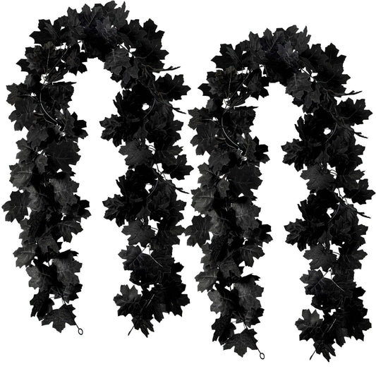 Black Maple Leaf Garland, 2PCS Halloween Artificial Hanging Fall Leave Vines, Fall Floral Garlands Thanksgiving Decor for Home Wedding Party (11.8FT)