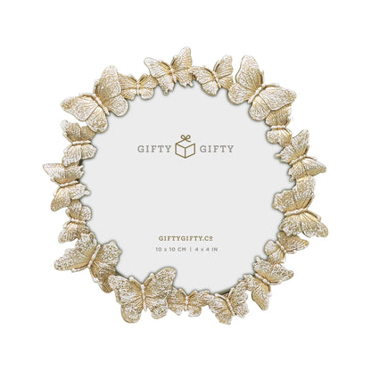 Round Butterfly Picture Frame with Gold With White Painted Frame 4”x4” Personalized Photo Frame Round Shape, for Vertical Display on Tabletop, Home Decor, Wedding or any Milestone Photos