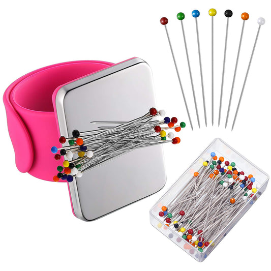 Magnetic Wrist Sewing Pincushion with 100 Pieces 1.5 Inch Ball Head Sewing Pins Set Wrist Magnetic Pin Holder Gift Supplies(Rose Red)