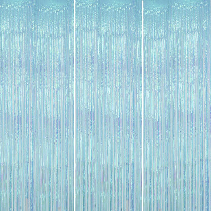 3 Pack Foil Fringe Backdrop - Transparent Blue Shiny Tinsel Curtains for Party Decoration/Photo Booth Props - 3.3x8.2FT Metallic Foil Backdrop for Birthday, Wedding, Graduation, Christmas