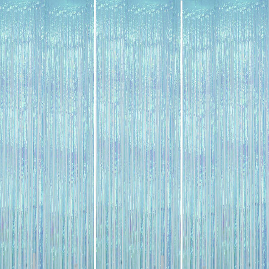 3 Pack Foil Fringe Backdrop - Transparent Blue Shiny Tinsel Curtains for Party Decoration/Photo Booth Props - 3.3x8.2FT Metallic Foil Backdrop for Birthday, Wedding, Graduation, Christmas