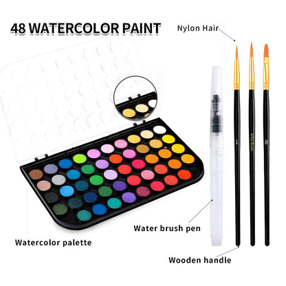 Watercolor Paint,48 Colors Washable Watercolor Paint Set With Brush, Refillable Water Brush Pen, Palette, and Water-Washable Paints for Kids, Adults and Artists.