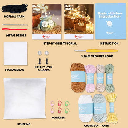 Crochet Box Crochet Kit for Beginner, Highland Cow and Owl Learn How to Crochet Stuffed Animals Gift for Adults and Kids(12+), Knitting Set with Yarn Hook Stitch-by-Stitch Video Tutorial