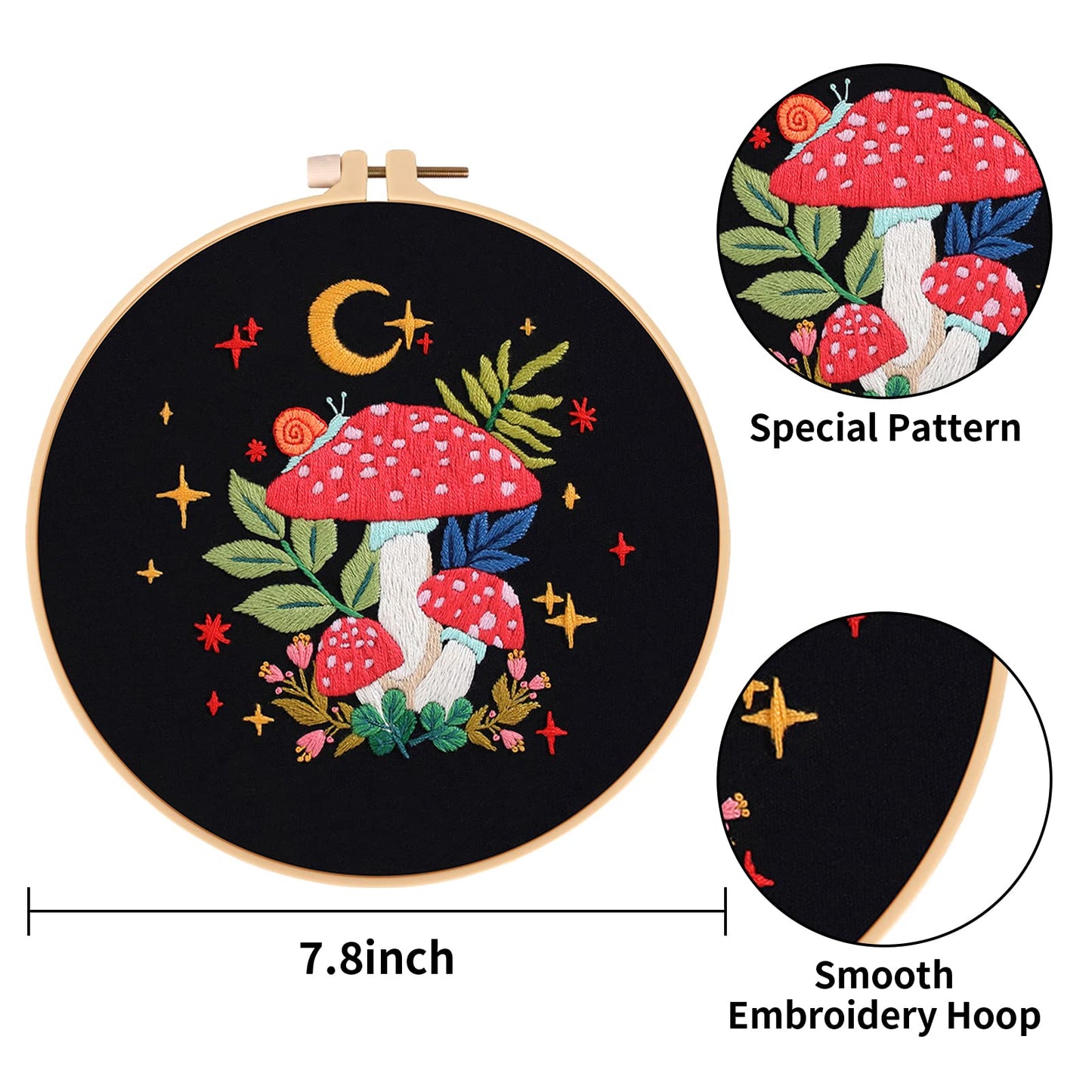 3 Pack Embroidery Kit for Adults Beginners, Stamped Cross Stitch Mushroom Patterns with Hoop, Thread, Needles & Step-by-Step Guide Easy DIY Starter Kit