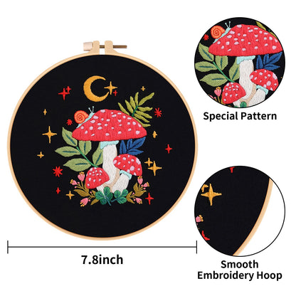 3 Pack Embroidery Kit for Adults Beginners, Stamped Cross Stitch Mushroom Patterns with Hoop, Thread, Needles & Step-by-Step Guide Easy DIY Starter Kit