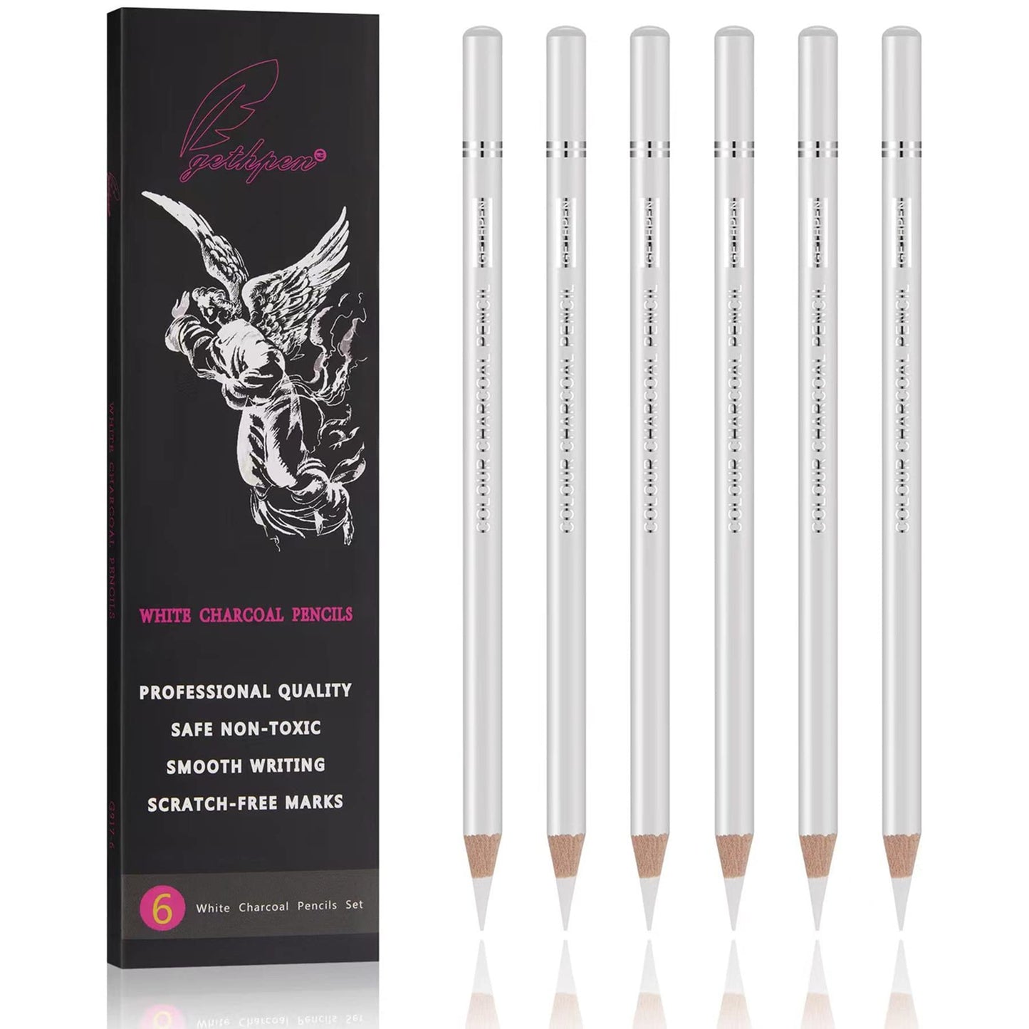 Professional White Charcoal Pencils Set - 6 Pieces Sketch Highlight White Pencils for Drawing, Sketching, Shading, Blending - Beginners & Artists