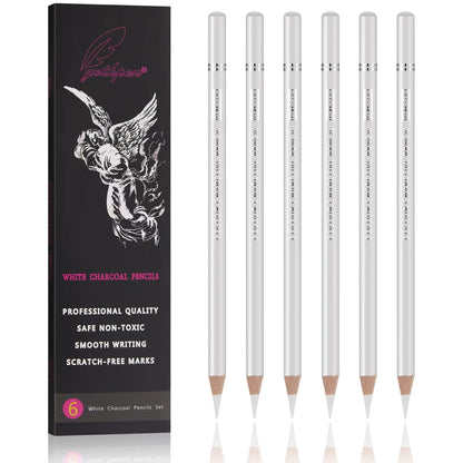 Professional White Charcoal Pencils Set - 6 Pieces Sketch Highlight White Pencils for Drawing, Sketching, Shading, Blending - Beginners & Artists