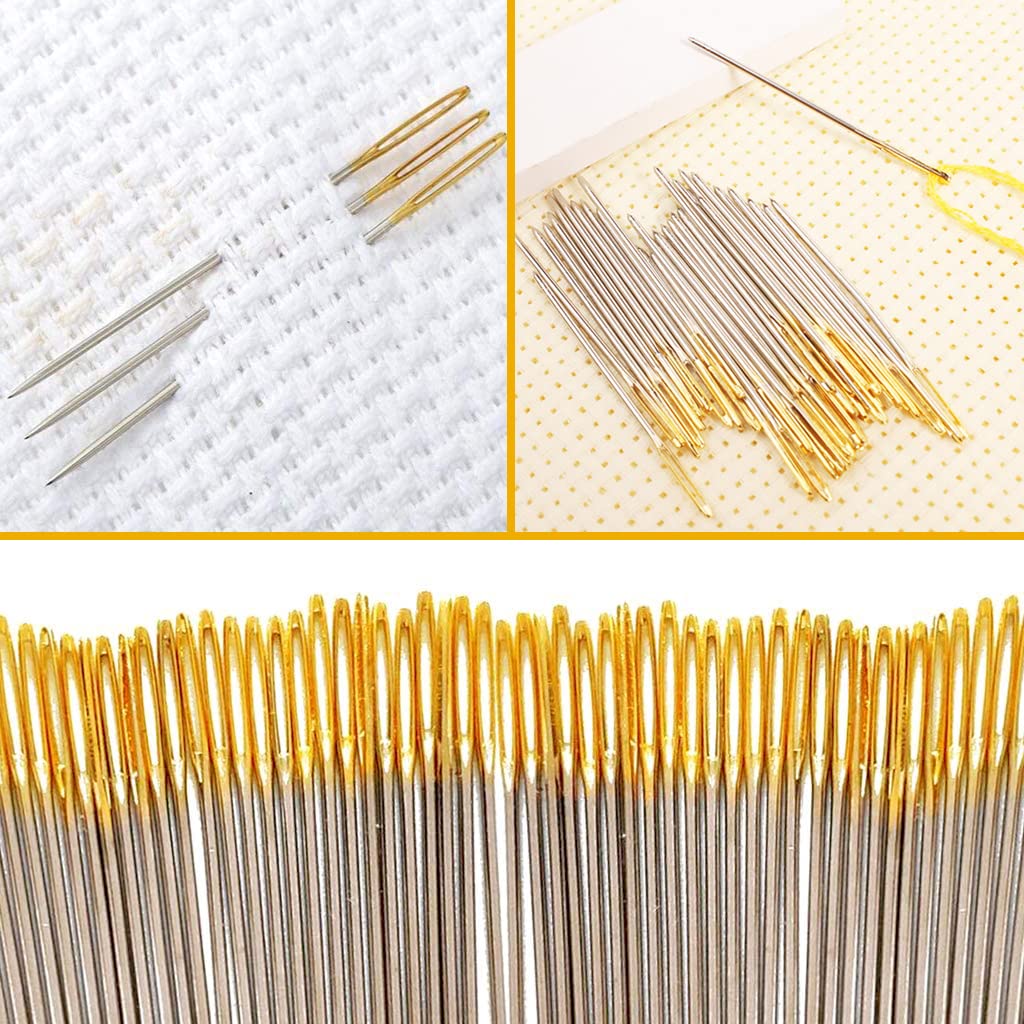 90pcs Cross Stitch Needles +2 Needle Threader Golden Color Large Eyes Cross Stitch DIY Embroidery Hand Needles Sewing Needles in Transparent Box Size 22# 24# 26#