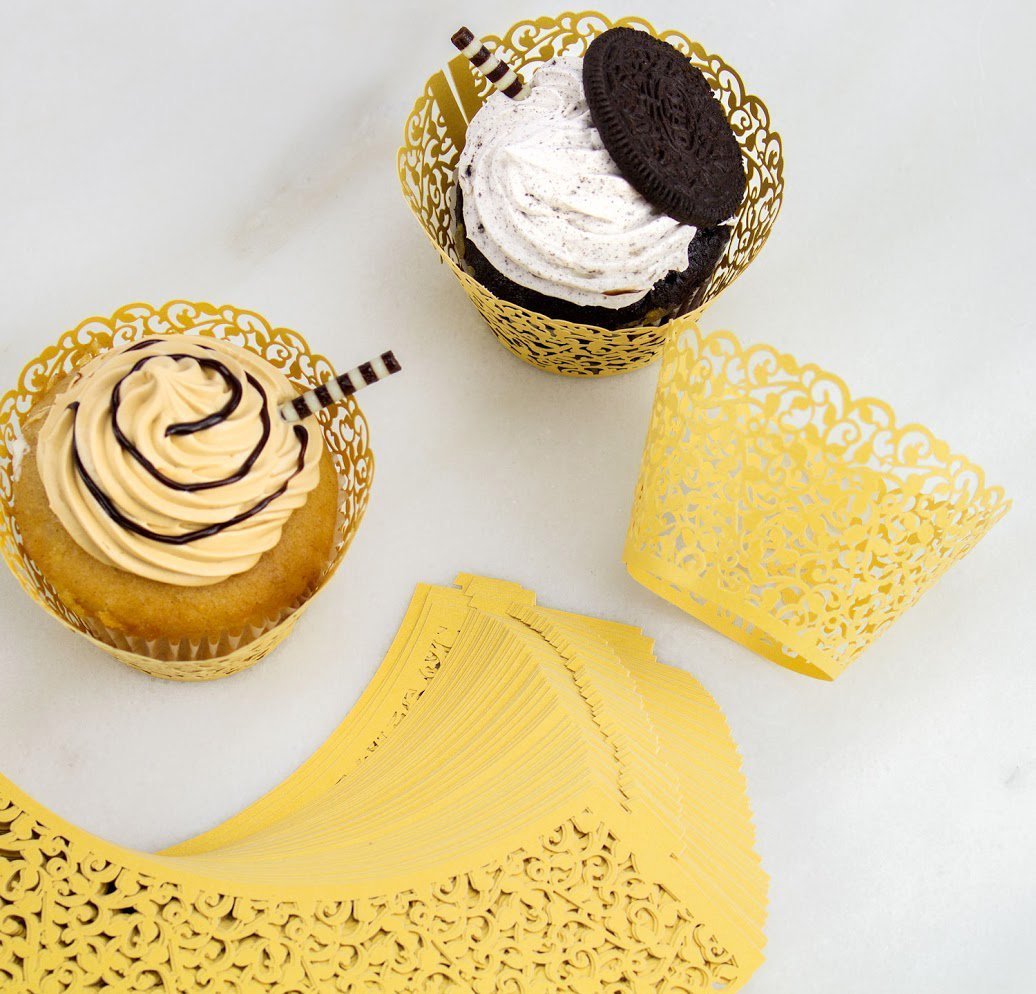 100pcs Cupcake Wrappers Artistic Bake Cake Paper Cups Little Vine Lace Laser Cut Liner Baking Cup Muffin Case Trays for Wedding Party Birthday Decoration (Gold)
