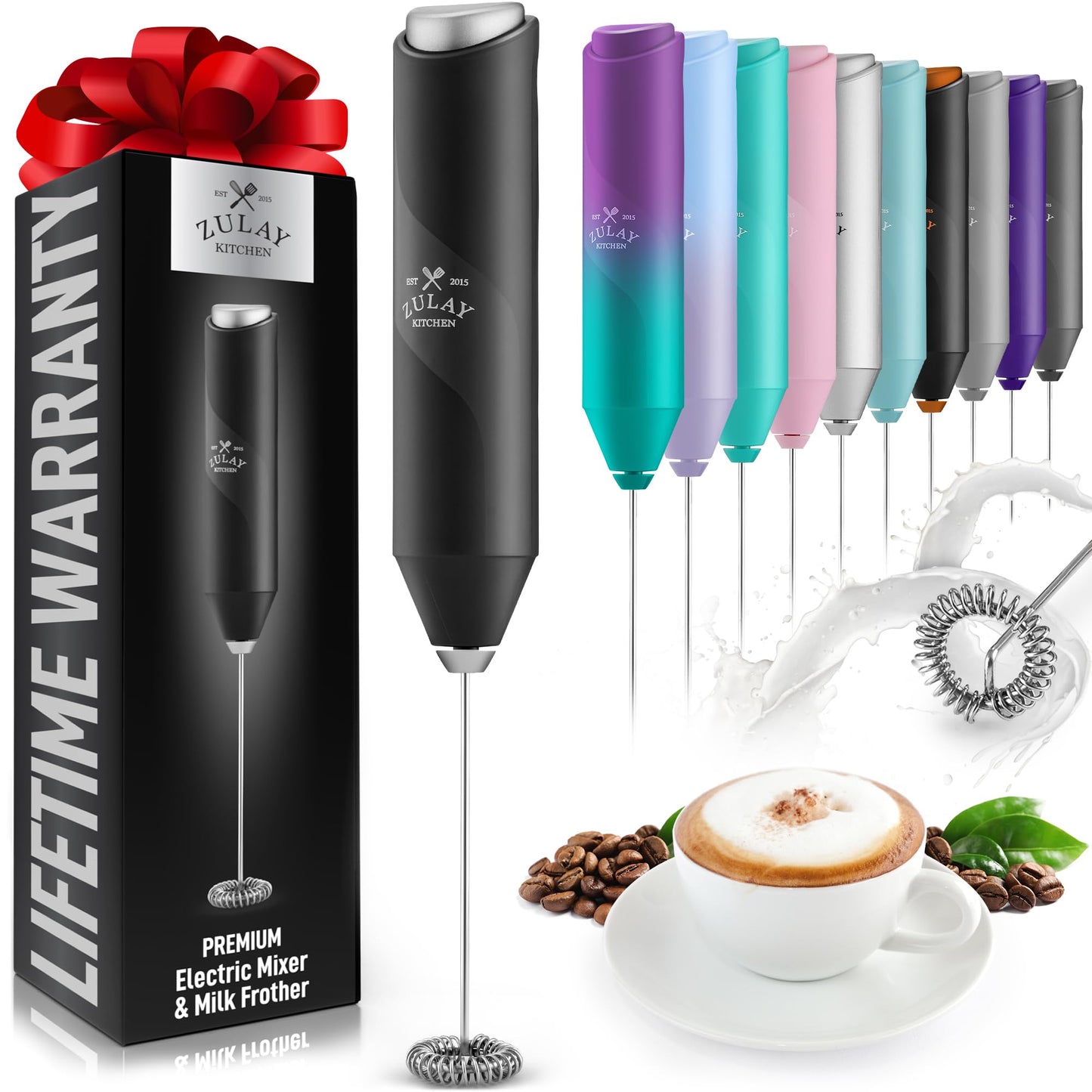 Kitchen Powerful Milk Frother Wand - Mini Handheld Stainless Steel - Battery Operated Drink Mixer for Coffee, Lattes, Cappuccino, Matcha - FrothMate Gift - Black & Organizer Storage Tote Bag