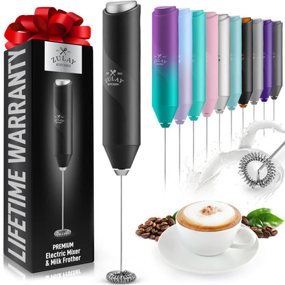 Kitchen Powerful Milk Frother Wand - Mini Handheld Stainless Steel - Battery Operated Drink Mixer for Coffee, Lattes, Cappuccino, Matcha - FrothMate Gift - Black & Organizer Storage Tote Bag